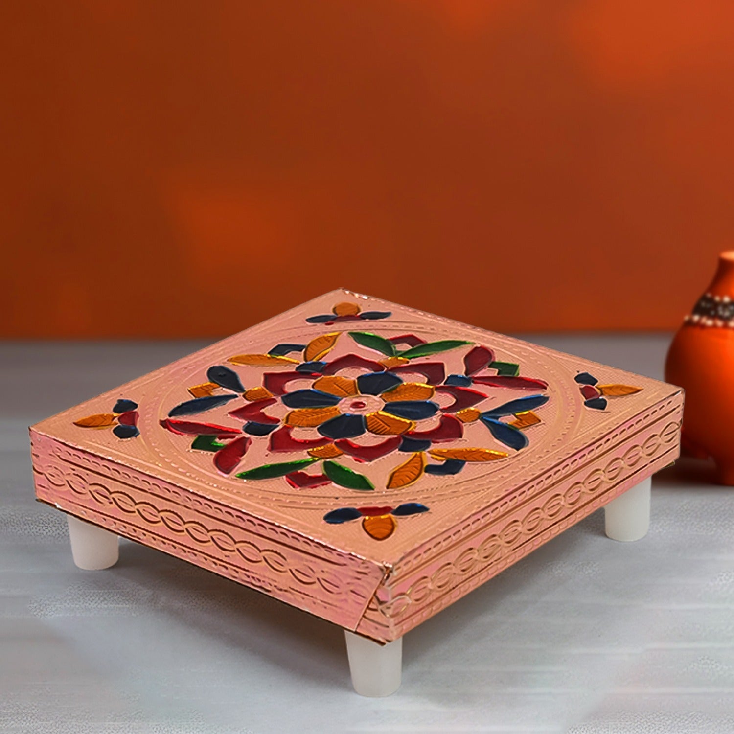 1 Pc Meenakari Wooden Chowki & Bajot Set: For Home & Office Puja (Multicolor) 1 Pc Meenakari Wooden Chowki & Bajot Set: For Home & Office Puja (Multicolor)